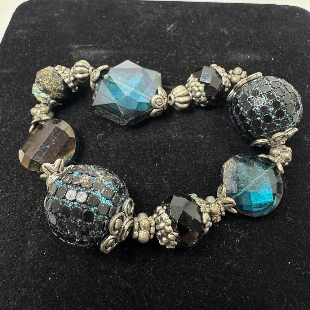 Fashion Beaded Stretch Bracelet Black Blue Faceted Crystal & Enamel Accent Beads